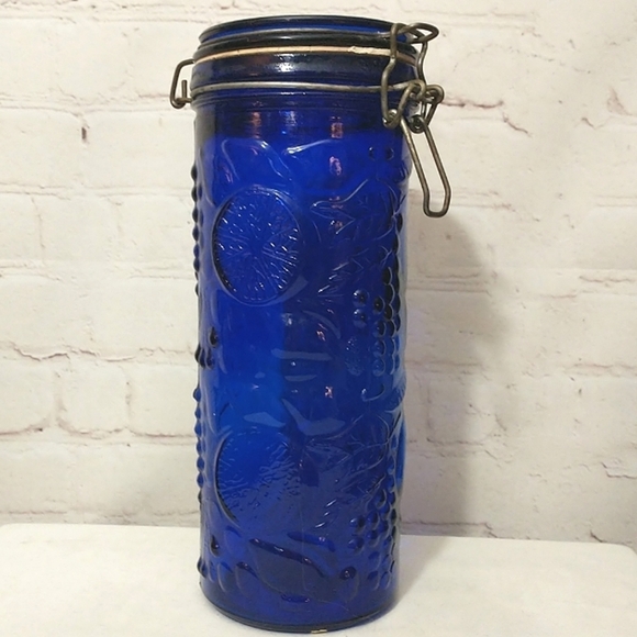 Other - Vintage Cobalt Blue Glass Fruit Embossed Canister with Metal Hinged Lid 10"